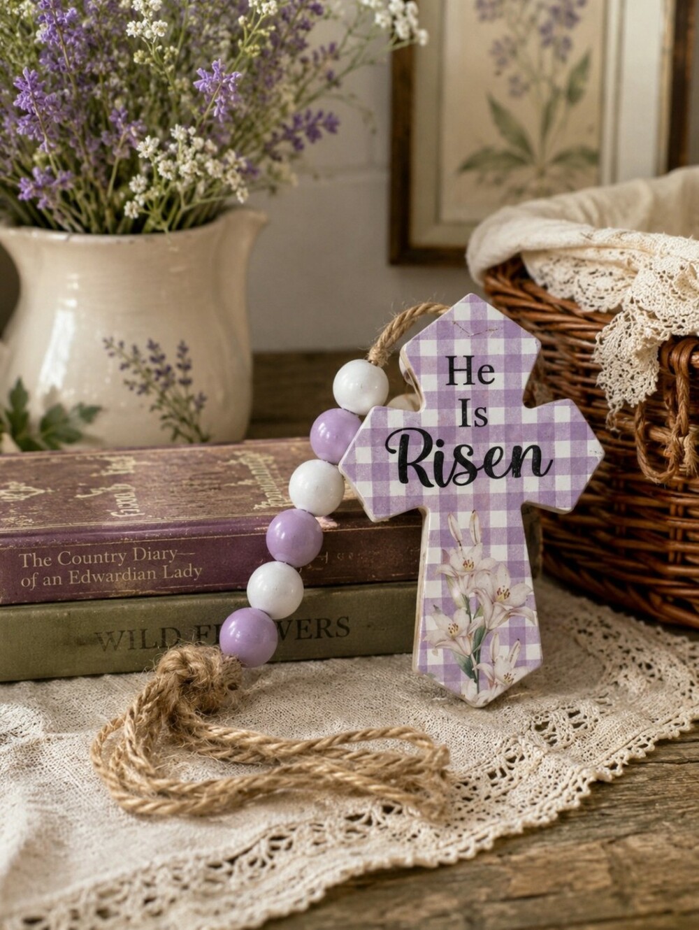 Easter Beaded garland purple gingham cross
